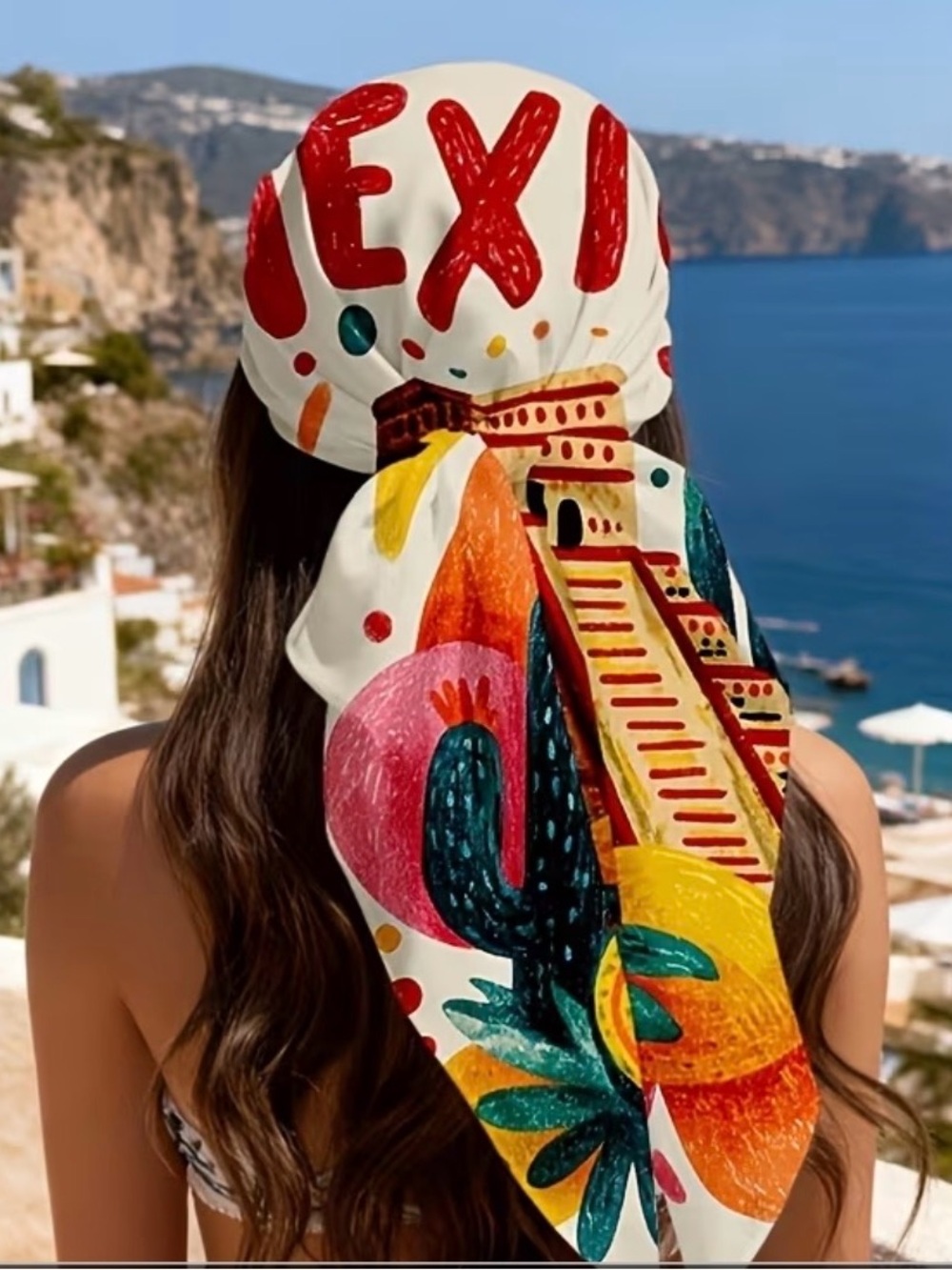 Silk-Feel Mexico Print Head Scarf - White Multi